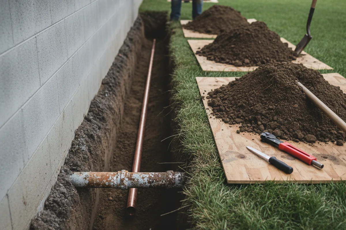 Excavated water line trench during Sewer Line Repair in Live Oak